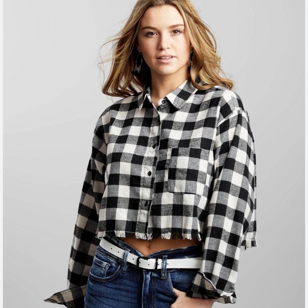 HYFVE Black and White Checkered Cropped Button Down Shirt
